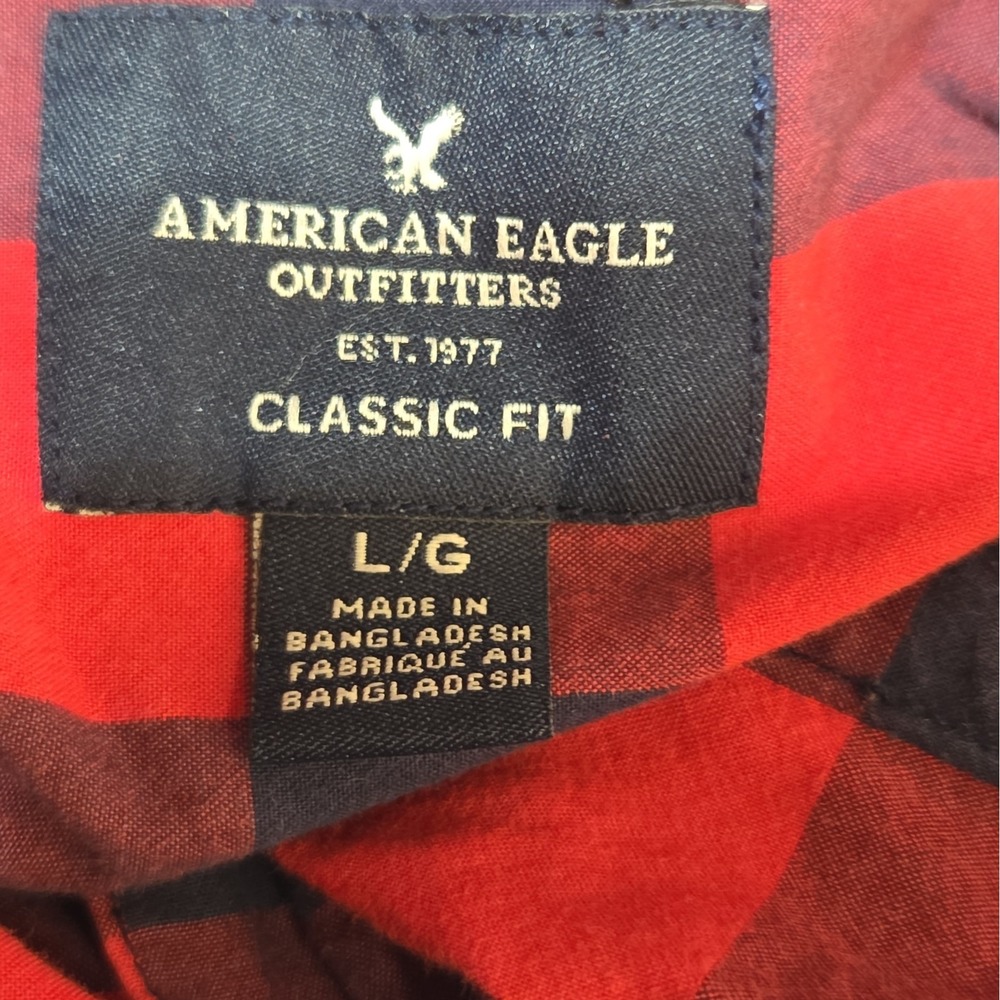 American Eagle Outfitters Mens Large Red Navy Buffalo Plaid Button Down Shirt - Picture 9 of 12